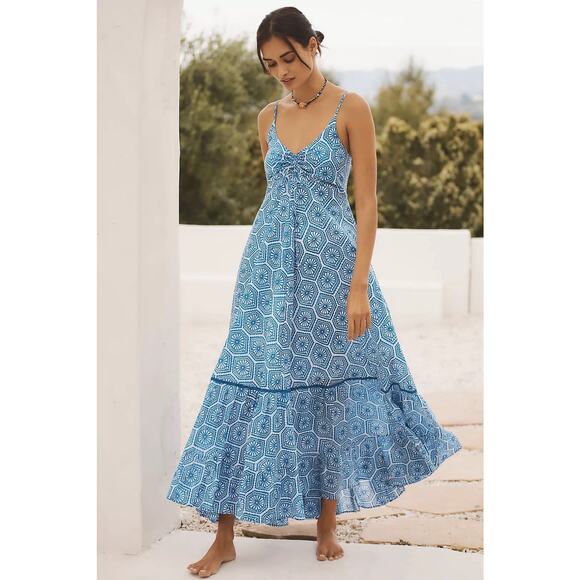 Anthropologie Ro's Garden Maxi Dress Blue Motif Tatiana Vacay Preppy Small NWT - Picture 1 of 7